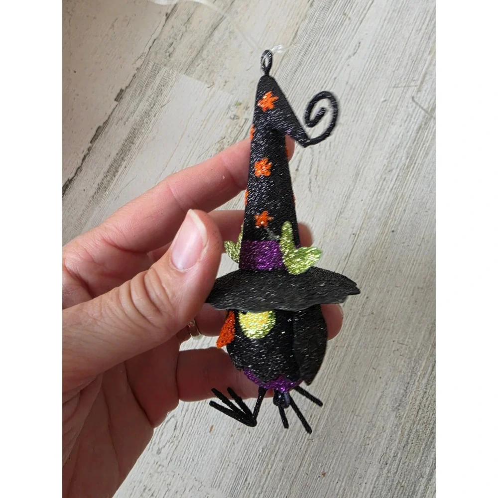 Vintage Pier 1 glitter owl witch RARE ornament metal wizard Halloween tree decor